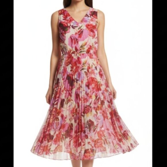 Gorgeous Lane Bryant Floral Pleated Dress Pink Red Size 24 3X Wedding Guest - Picture 1 of 9